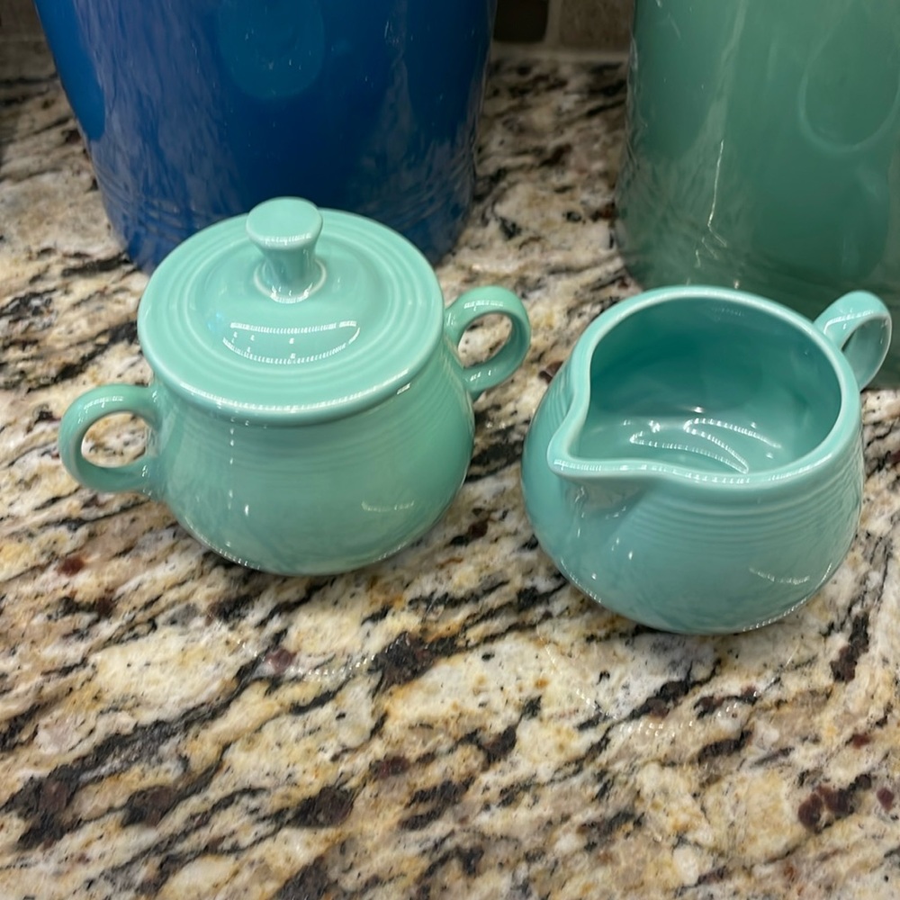 Seamist Fiestaware sugar bowl w creamer set